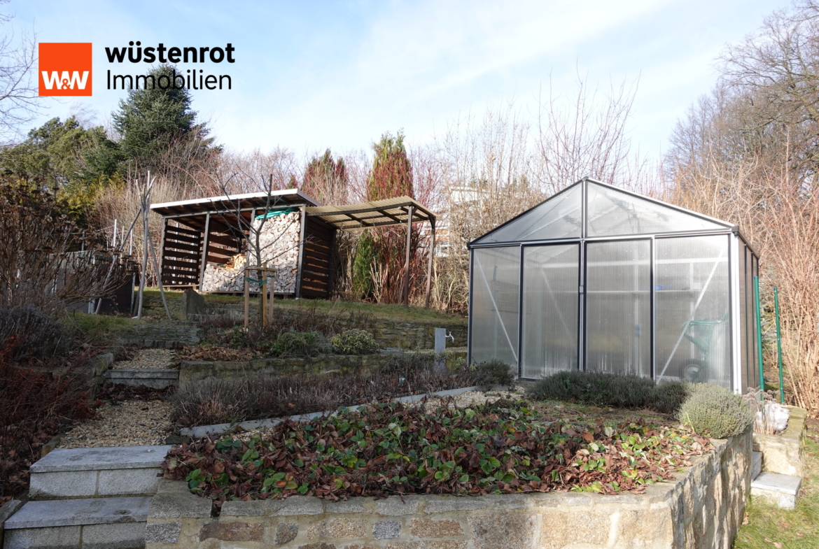 Gewächshaus und Beete